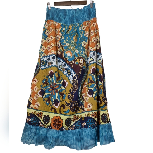 Chaudrey Bohemian Patchwork Maxi Skirt - Teal & Mustard Large - Picture 2 of 6